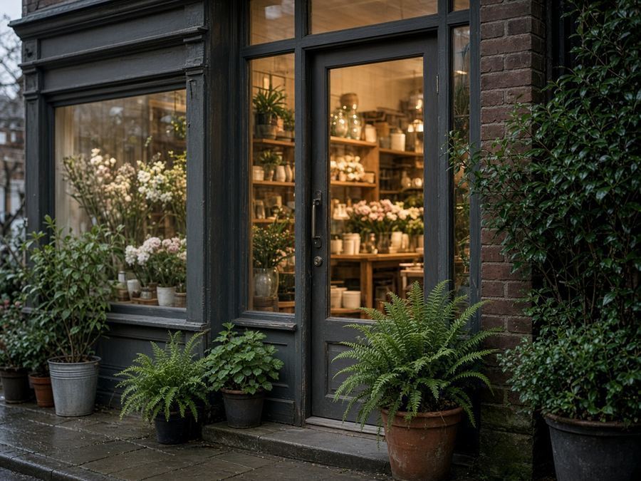 Glass shop door with warm light and potted ferns at the threshold