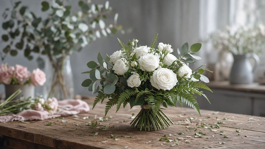 Florist workbench with ferns and pale roses under soft morning light