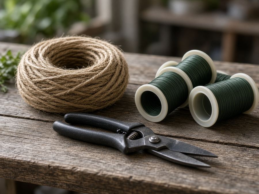 Twine, wire spools and pruning shears on wood