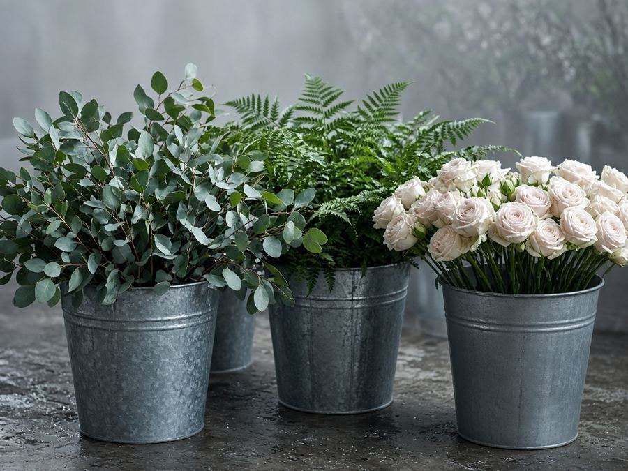 Buckets of cut stems waiting to be arranged