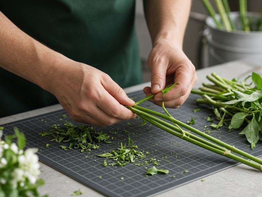 Hands stripping leaves from green stems on a cutting mat