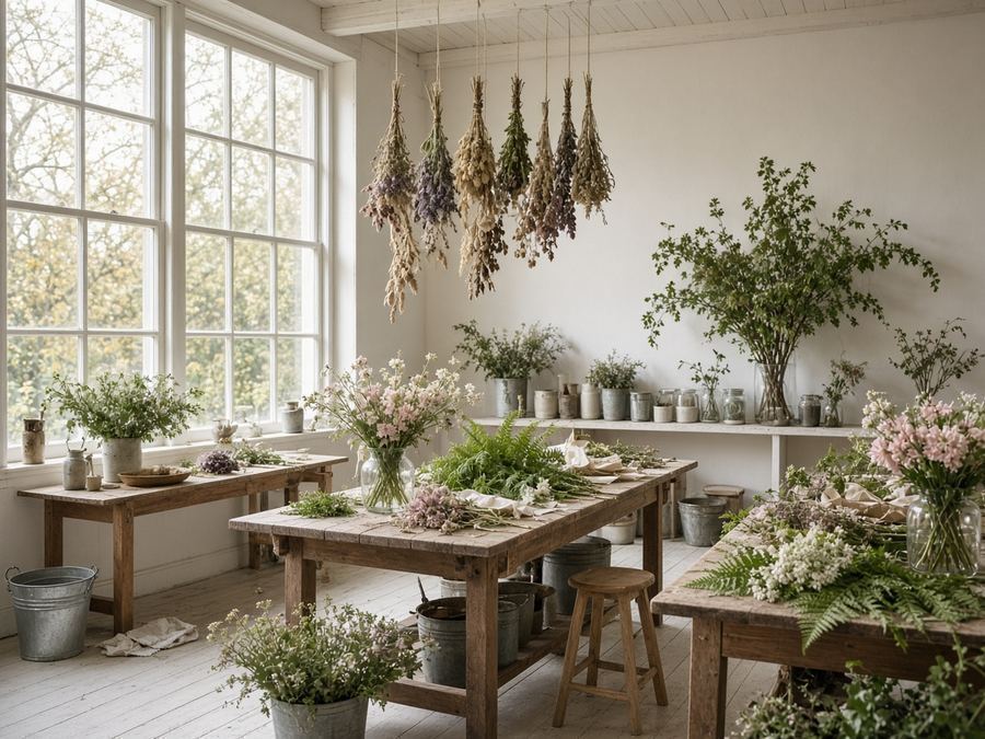 Bright florist studio with work tables and hanging dried stems
