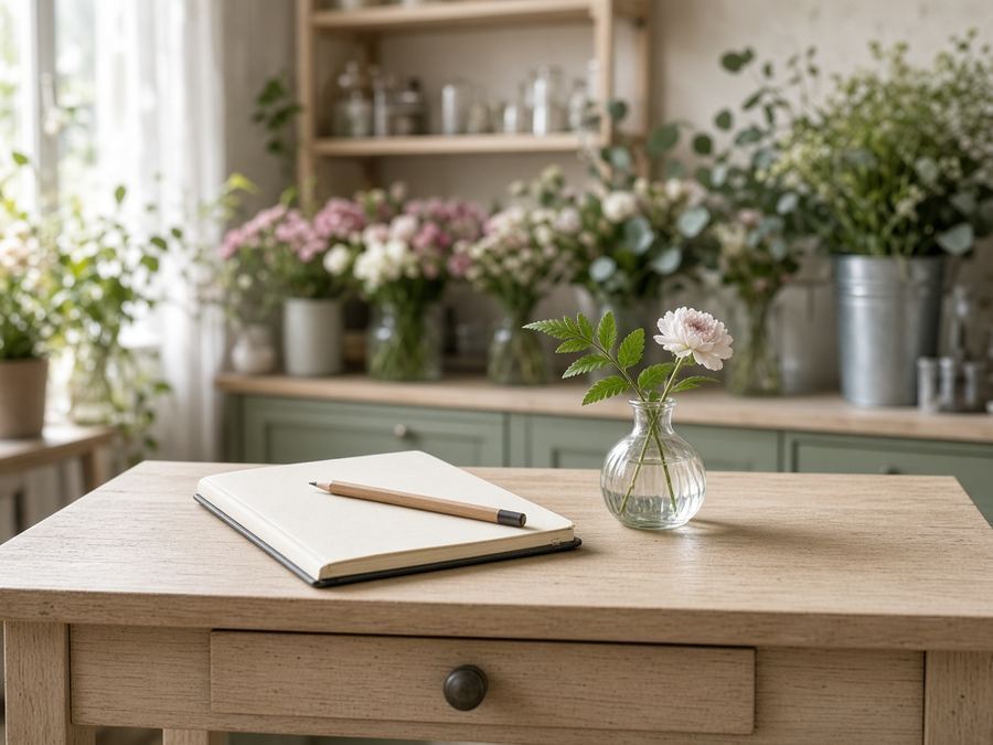 Small appointment desk with notebook and a bud vase