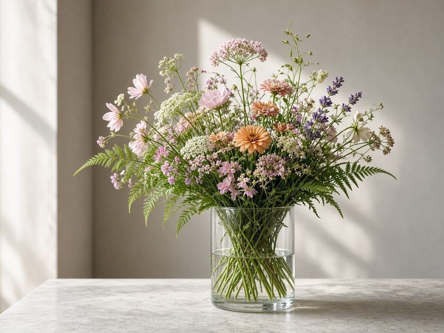 Tall airy bunch with fern and white roses in a clear vase