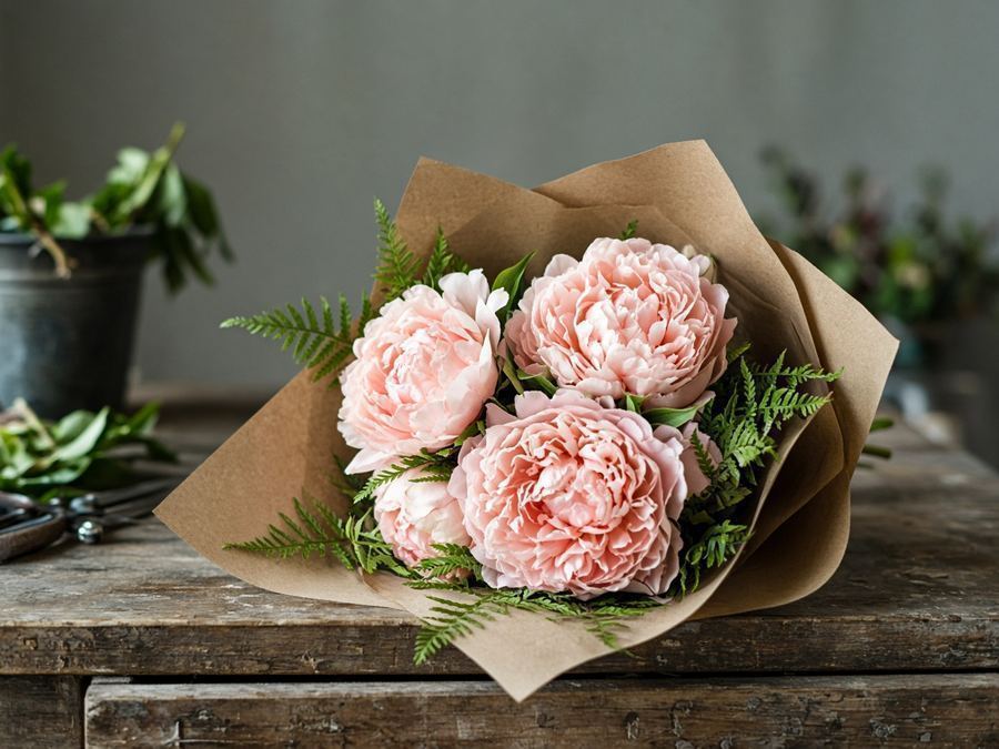 Compact blush peony bouquet wrapped in kraft paper