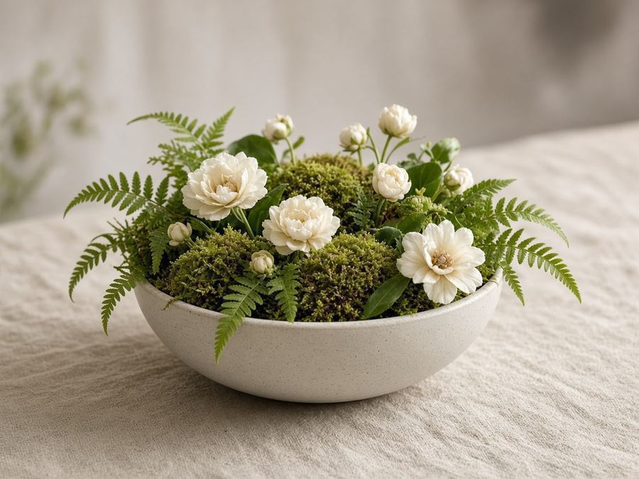 Low moss and cream bloom centerpiece bowl